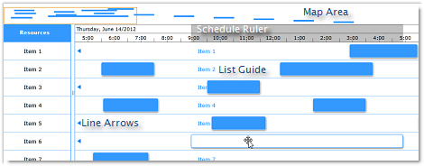 DBI Scheduler WPF - Schedule View Features; line arrows list guide