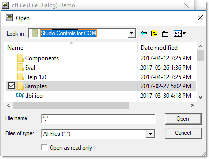 ctFile - ActiveX  COM open | File Navigation dialog - by DBI Technologies Inc. - found in Studio Controls COM