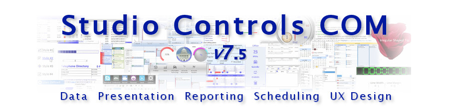Studio Controls - snap-in 32-bit and 64-bit ActiveX Scheduling, Reporting and UI Design application Development - MS Access, VFP, VC++, LabVIEW, Delphi, Progress, Visual Studio, C++, MFC, VB .NET, ctxSpin, and more